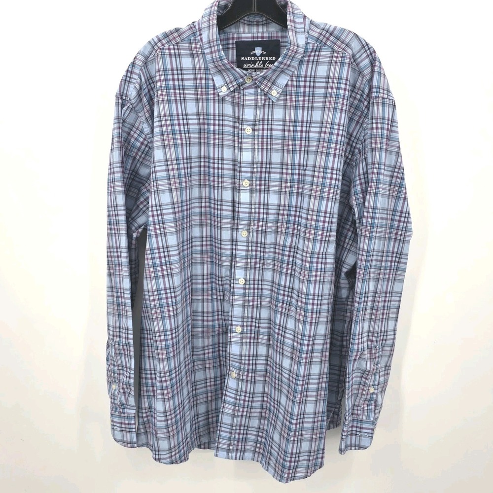 Saddlebred Wrinkle Free Born Southern Shirt Mens XXL Blue Pink Plaid Long Sleeve